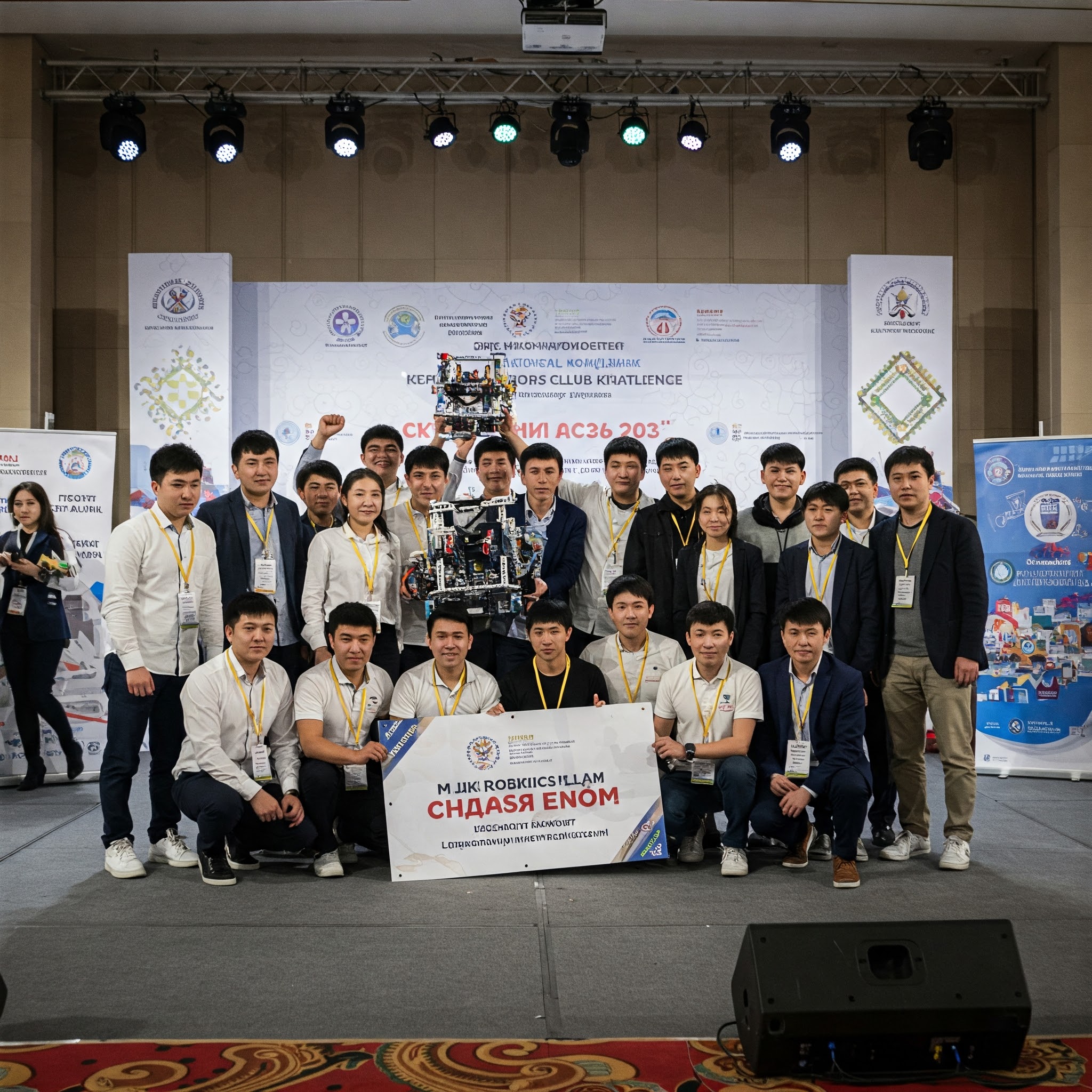 Students and robots at a FIRST Robotics Competition event