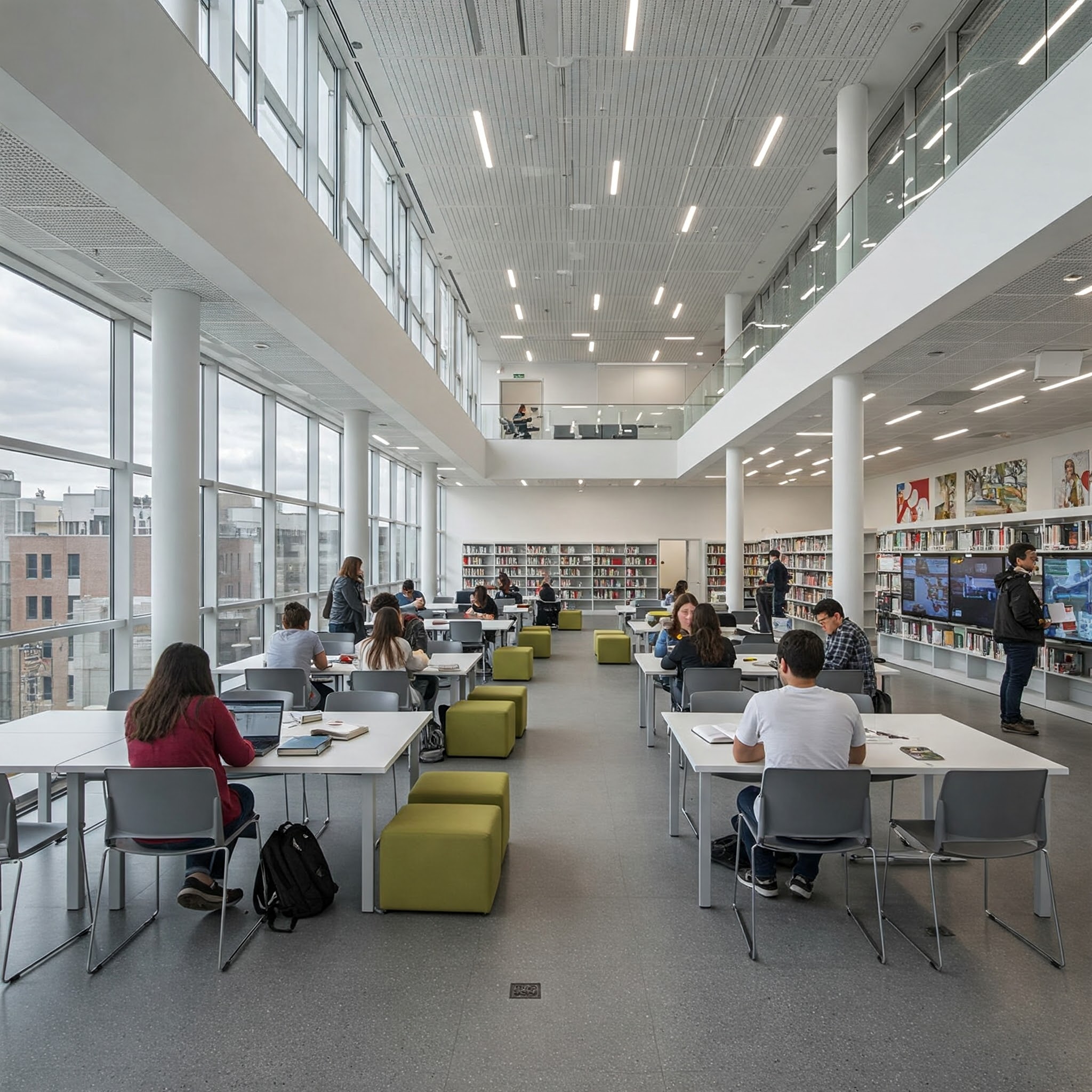Interior of the modern Joe and Rika Mansueto Library reading room
